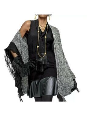 CABI Pepper Cape Poncho Shawl with Fringe Black & White #3361 OS NWOT